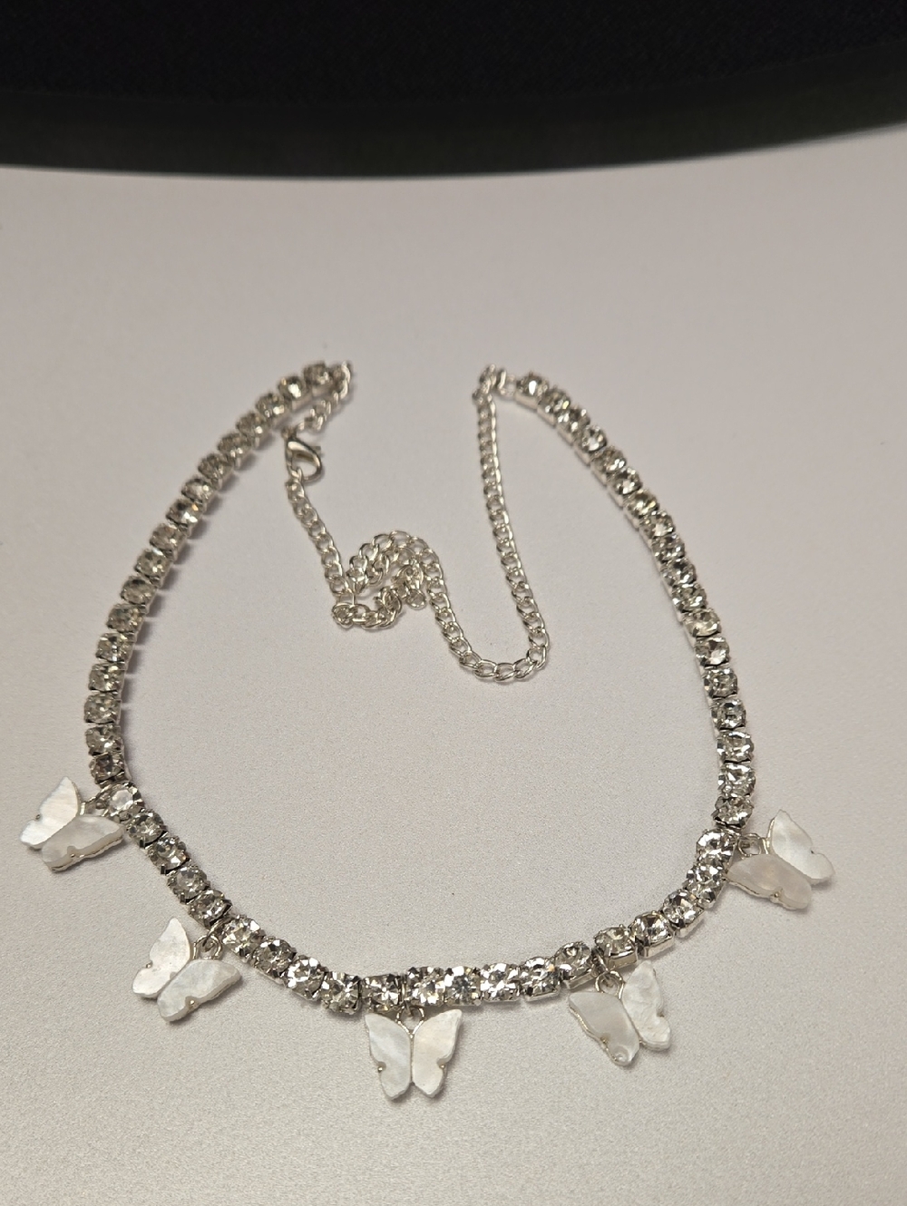 Silver Crystal Necklace with White Butterfly Charms